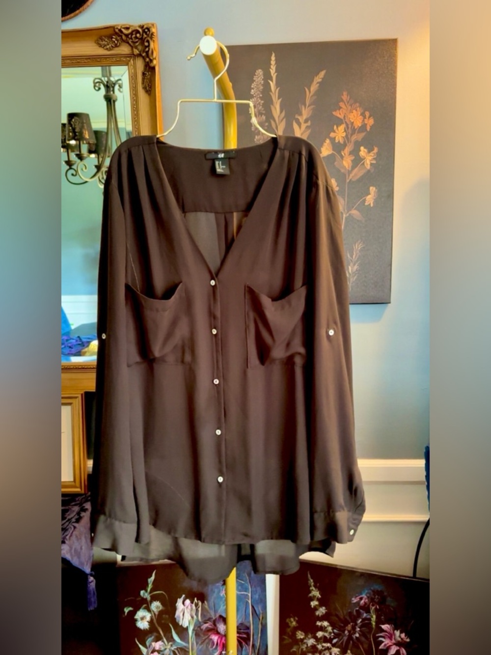 H&M Black Long-Sleeve Button Front Sheer Blouse Size 10